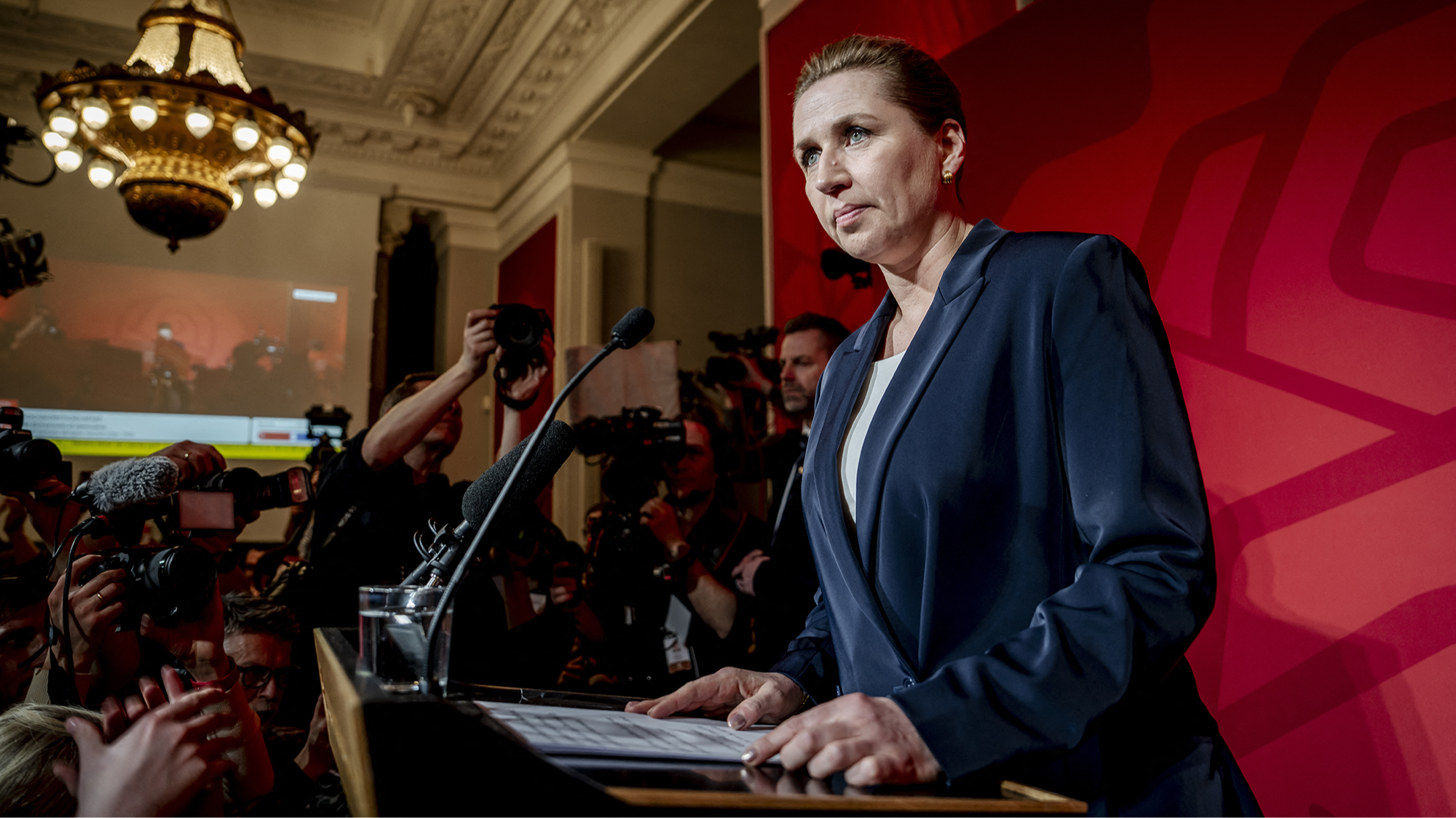 Leader of the Social Democrats, Mette Frederiksen, delivers remarks during election party after the exit polls in Copenhagen March 24 2026